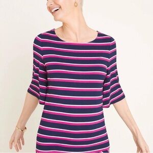 ✨NWT✨Chico’s | Pink/Navy/White Stripe Flutter Short-Sleeve Knit Top/Tee Sz 3=XL